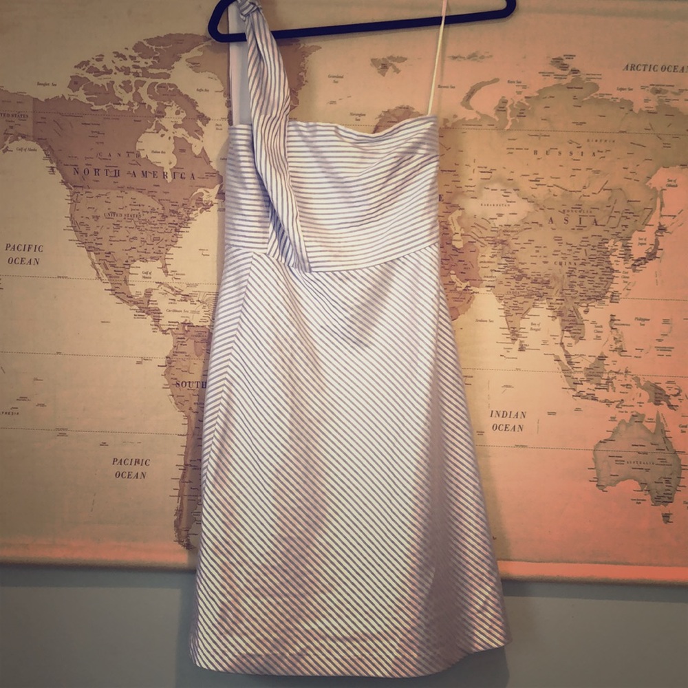 Blue and white fit and flare one shoulder dress